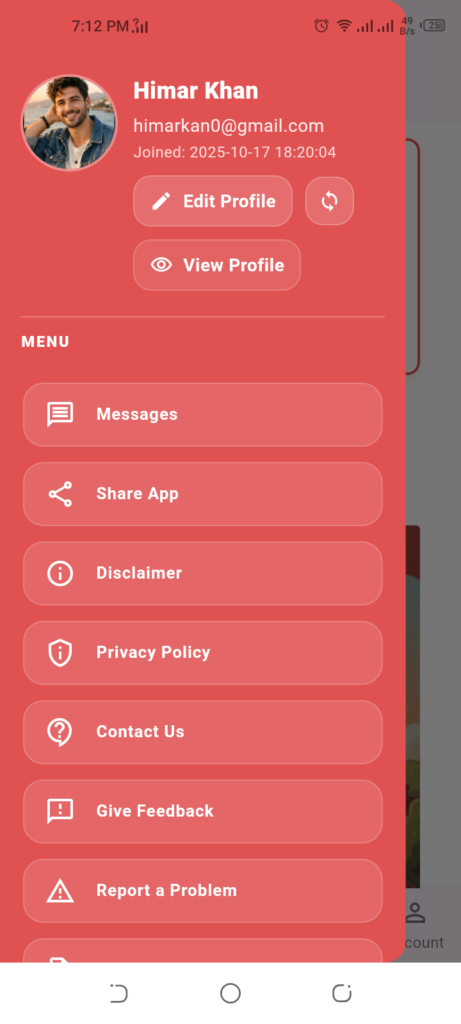 Hivepress to Mobile App 1 Demo App ScreenShot no. 1 showing User Profile Section with Profile image